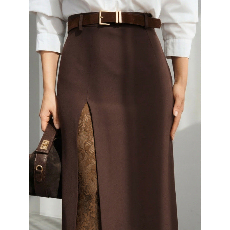 Damen Eleganter Maxirock mit transparentem Spitzeneinsatz und seitlichem Schlitz R&B