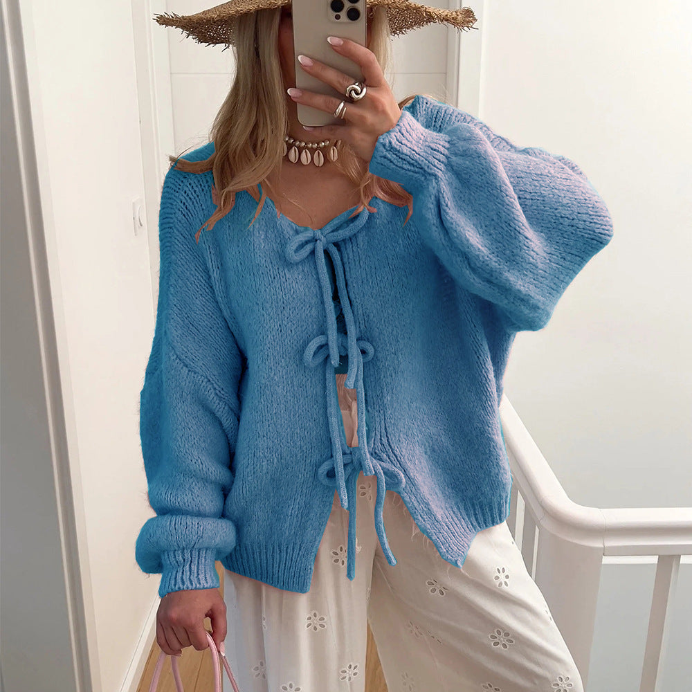 Damen lässiger Strickmantel mit Schleifenverschluss und voluminösen Ärmeln R&B