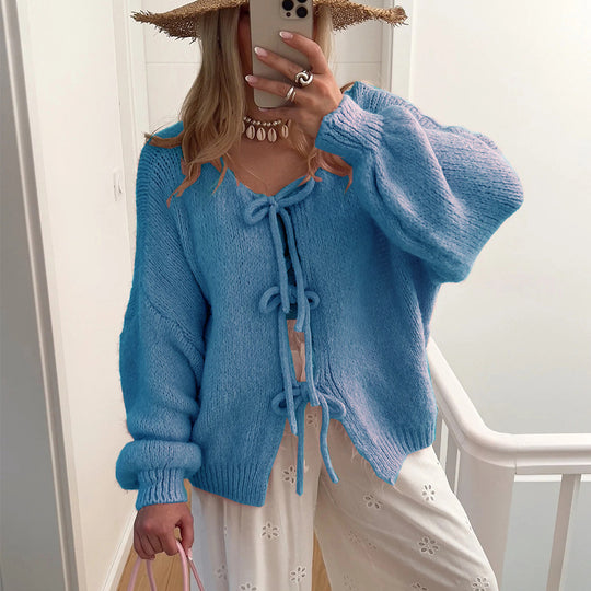 Damen lässiger Strickmantel mit Schleifenverschluss und voluminösen Ärmeln R&B