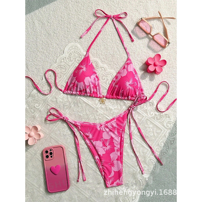 Damen Triangel-Bikini mit floralen Mustern und feinen BindR&Bändern R&B
