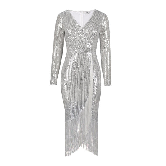Damen Abendkleid mit glitzerndem Paillettenbesatz und fransierenden Akzenten R&B