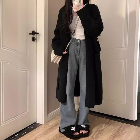 Damen langärmliger Strickcardigan aus weichem Material mit offenen Kanten R&B