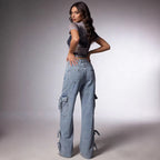 Damen Weite Cargo-Jeans mit BindR&Bändern