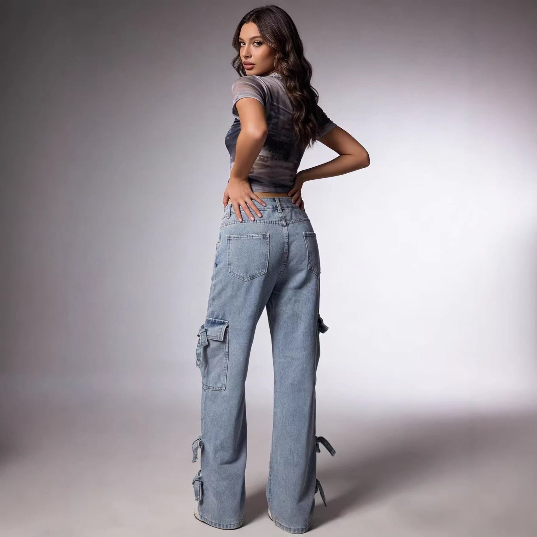 Damen Weite Cargo-Jeans mit BindR&Bändern