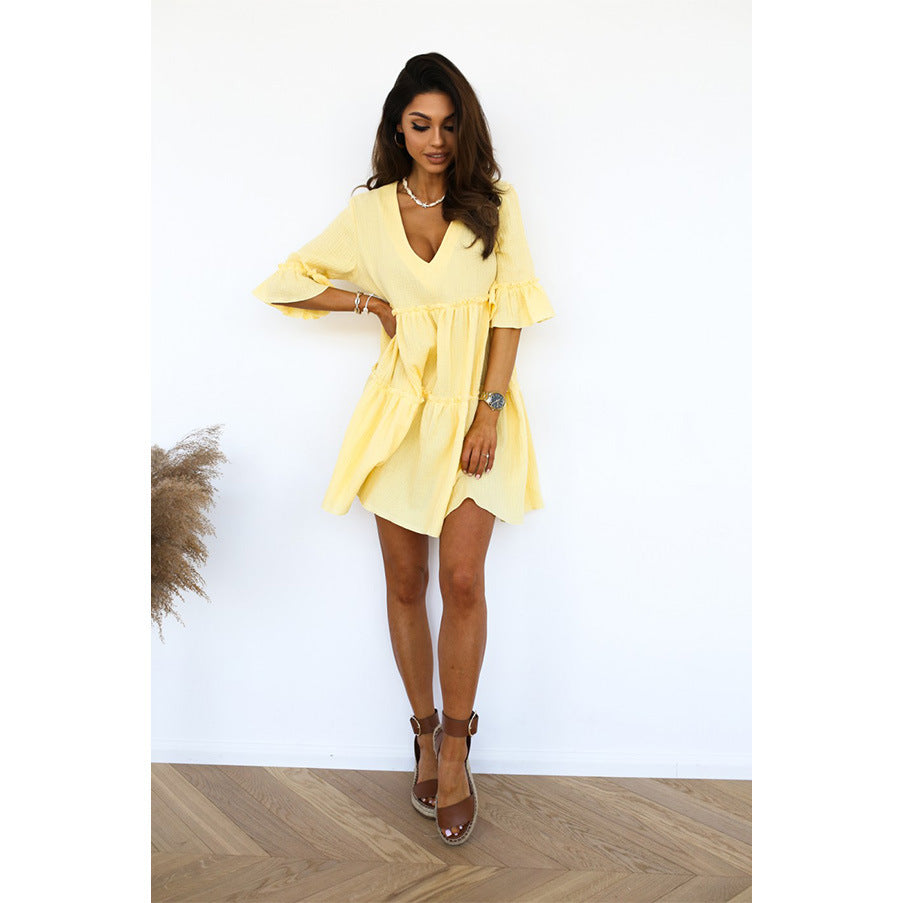 Damen Wickelkleid mit voluminösen Rüschendetails und V-Ausschnitt R&B