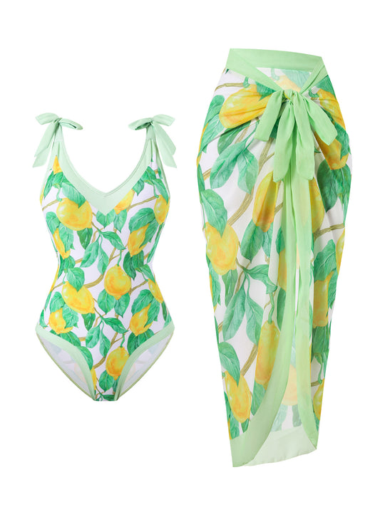 Damen Badeanzug mit floralem Design und transparentem Wickelrock R&B