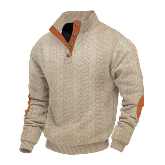 Herren nan grober Zopfstrick Troyer mit Knopfleiste und Veloursleder-Ellenbogenpatches R&B