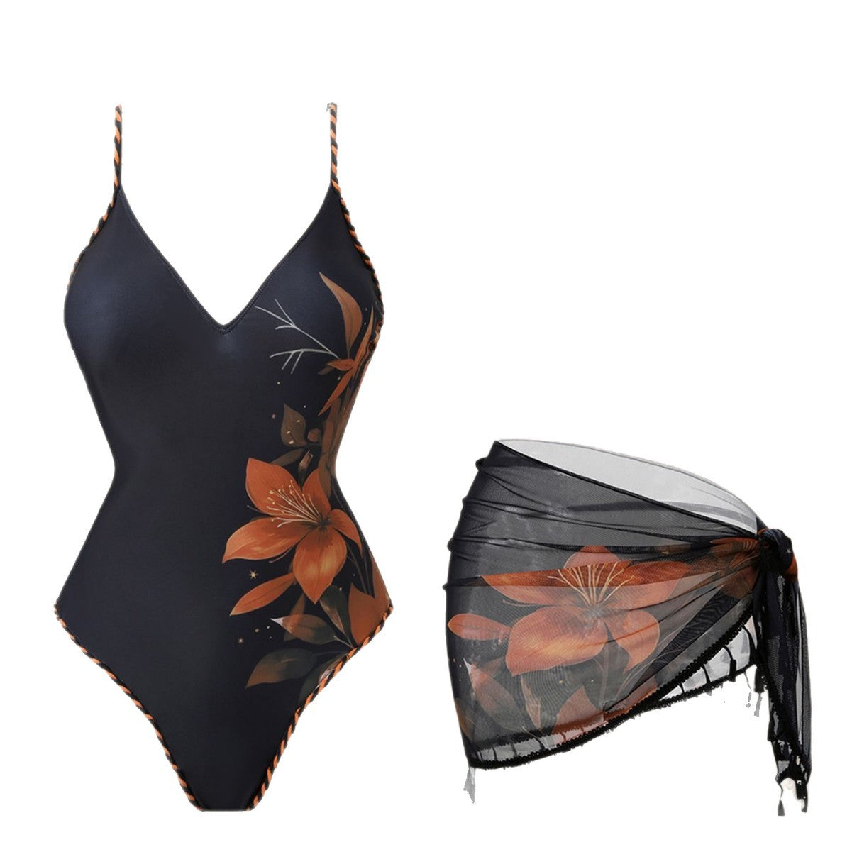 Damen R&BBadeanzug mit floralem Design und transparentem Wickelrock R&B