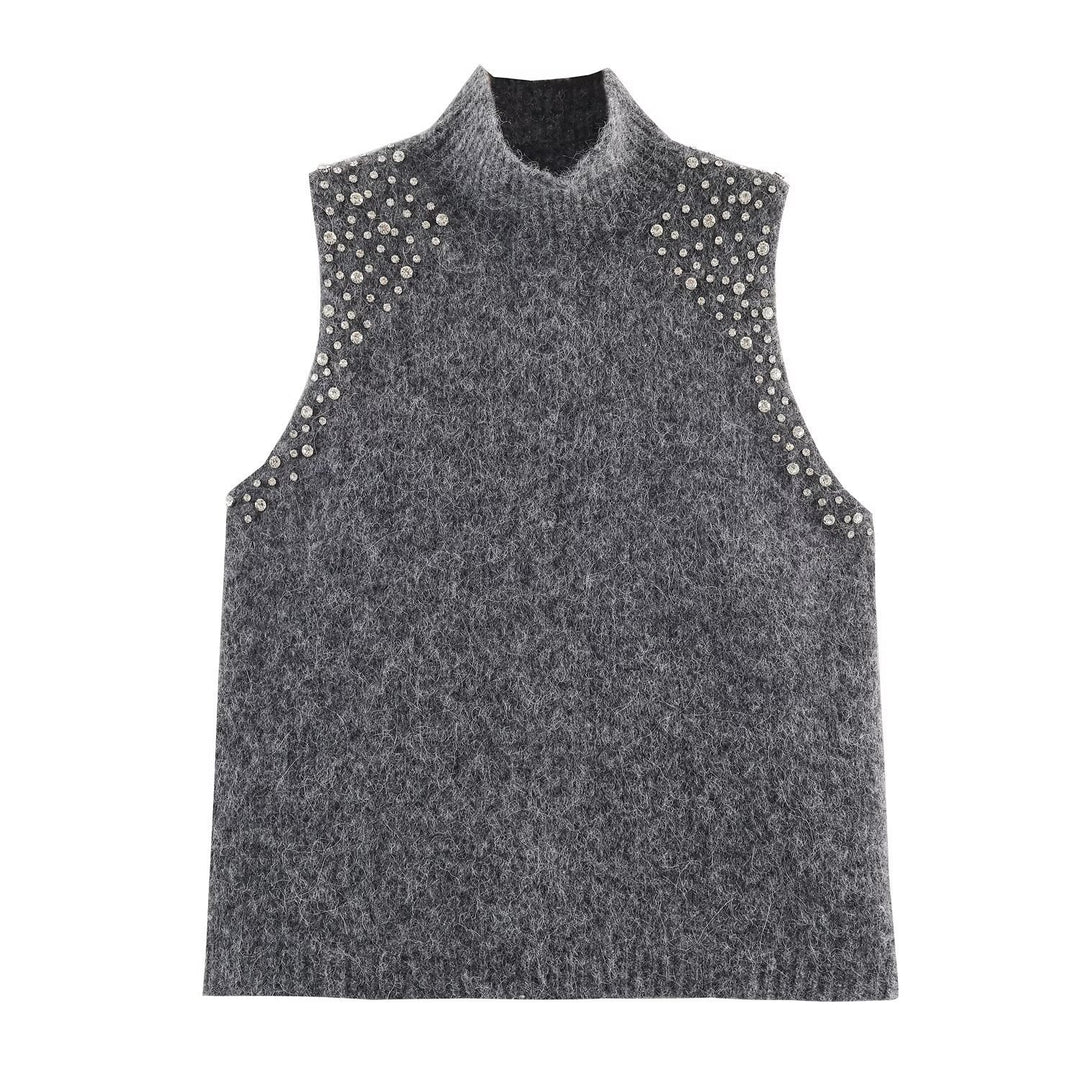 Damen ärmelloses Strickoberteil mit eleganten Perlenverzierungen R&B