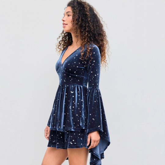 Damen Kurzes Samtkleid mit weitem Rock und aufregendem Sternenprint R&B