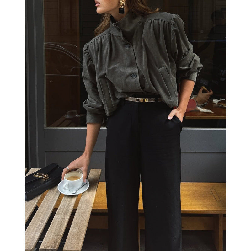 Damen elegante Jacke mit strukturierten Puffärmeln und Knopfdetail R&B