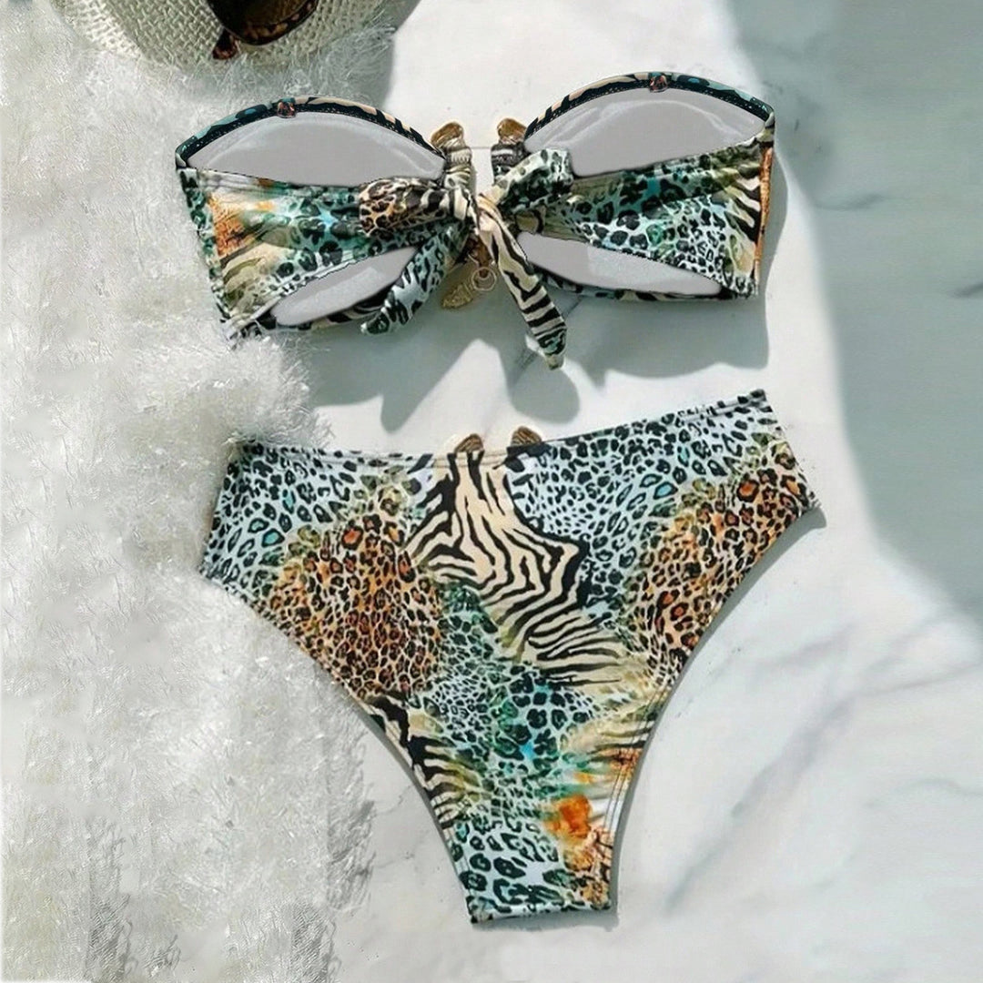 Damen Bandeau-Bikini mit animalischem Muster und dekorativem Verschluss R&B