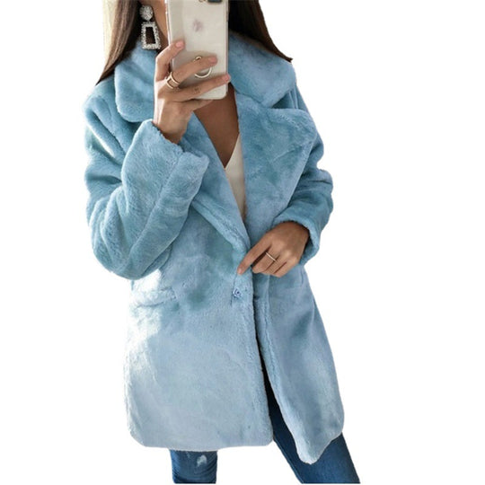 Damen Elegante Kunstfell-Jacke mit aufgesetzten Taschen und großem Revers R&B