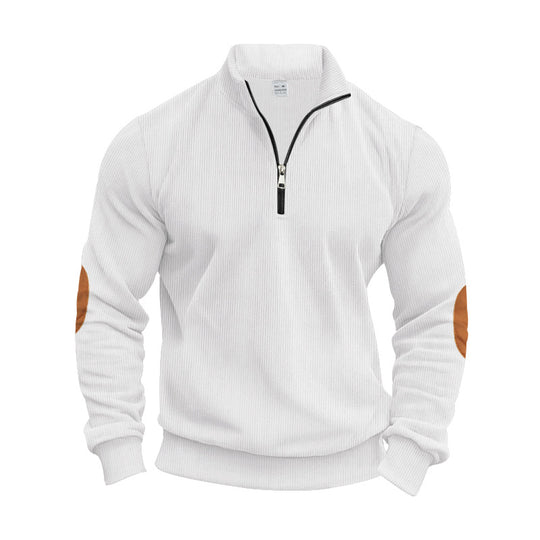 Herren nan strukturierter Baumwoll-Strickpullover mit halbem Reißverschluss und Ellenbogenbesatz R&B