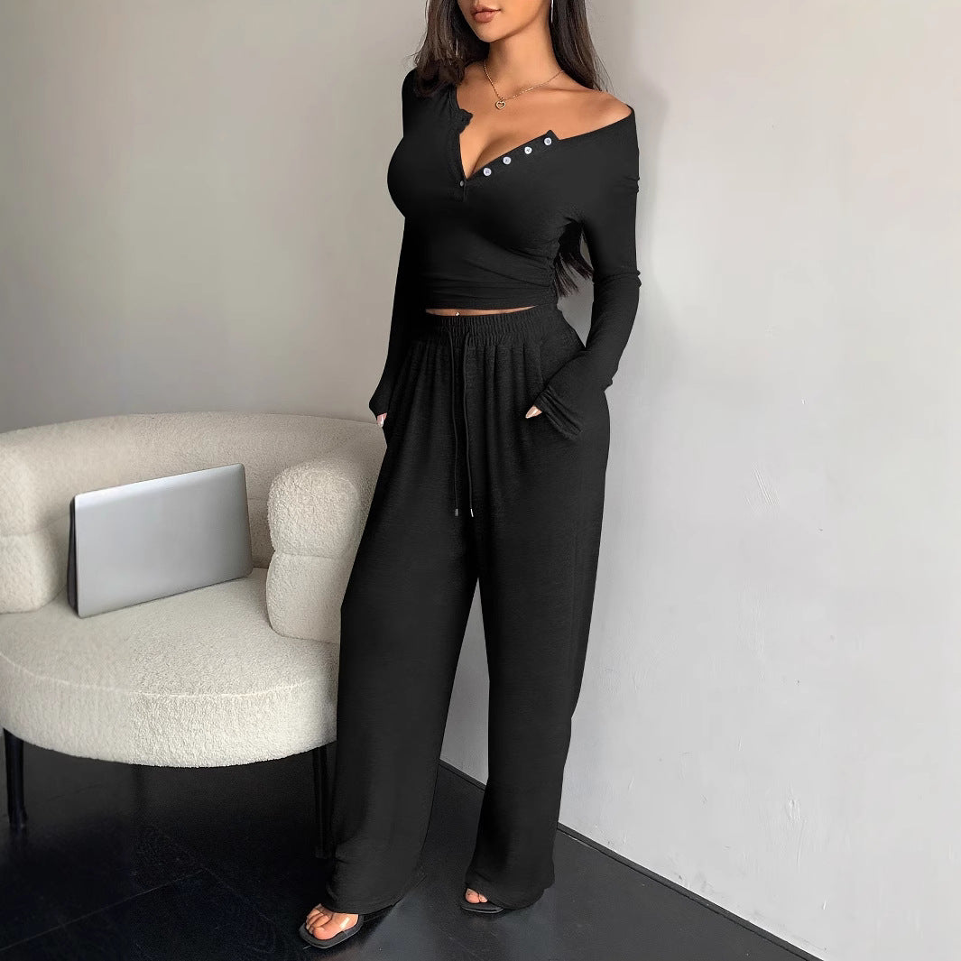 Damen Set aus lässigem Langarmoberteil und bequemen Palazzohose R&B