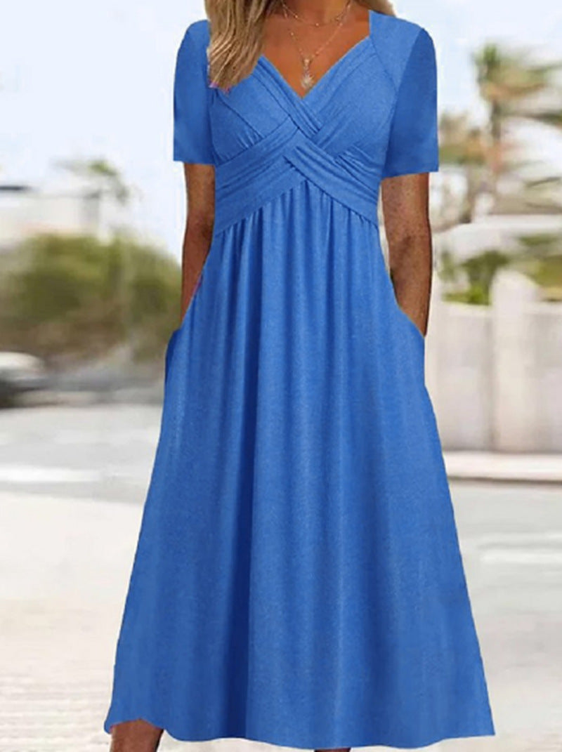 Damen nan fließendes Maxikleid mit gekreuzter Passe V-Ausschnitt Kurzarm und Eingrifftaschen R&B
