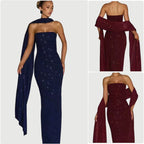 Damen elegantes Abendkleid mit schimmernden Pailletten und schulterfreiem Design EB