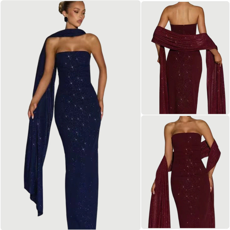 Damen elegantes Abendkleid mit schimmernden Pailletten und schulterfreiem Design EB