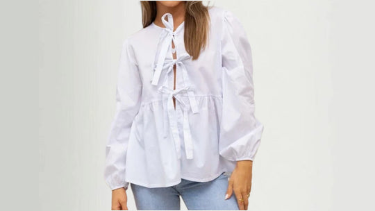 Damen Bluse mit Volantärmeln und Schleifenband R&B