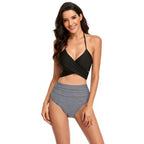 Damen Hochgeschnittener Bikini mit Wickeloberteil und floralen Mustern R&B