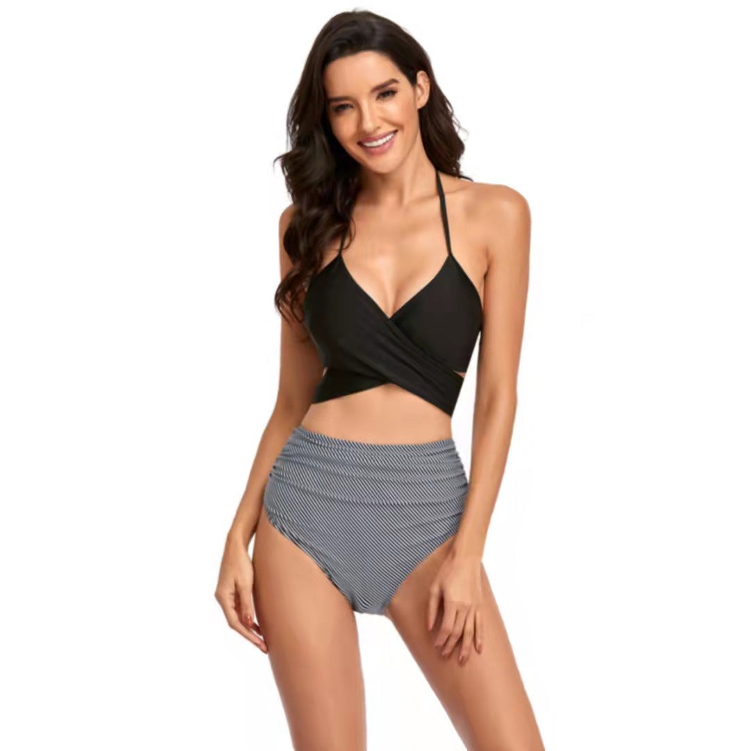 Damen Hochgeschnittener Bikini mit Wickeloberteil und floralen Mustern R&B
