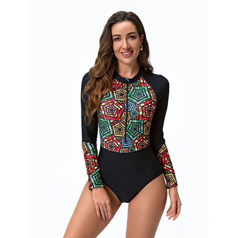 Damen Langarm-Surfanzug mit stylischem Reißverschluss und buntem Muster R&B