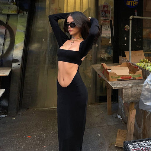 Damen Cut-Out Maxikleid mit langen Ärmeln und figurbetontem Schnitt R&B
