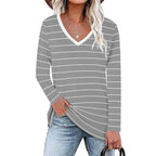Damen V-Ausschnitt Langarmshirt mit Streifenmuster und seitlichen Schlitzen R&B