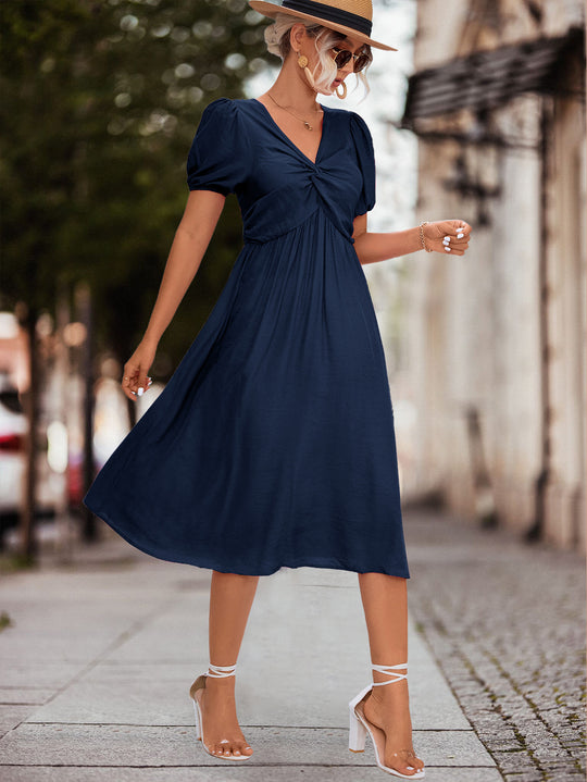 Damen Midikleid mit eleganter Raffung und voluminösen Puffärmeln R&B