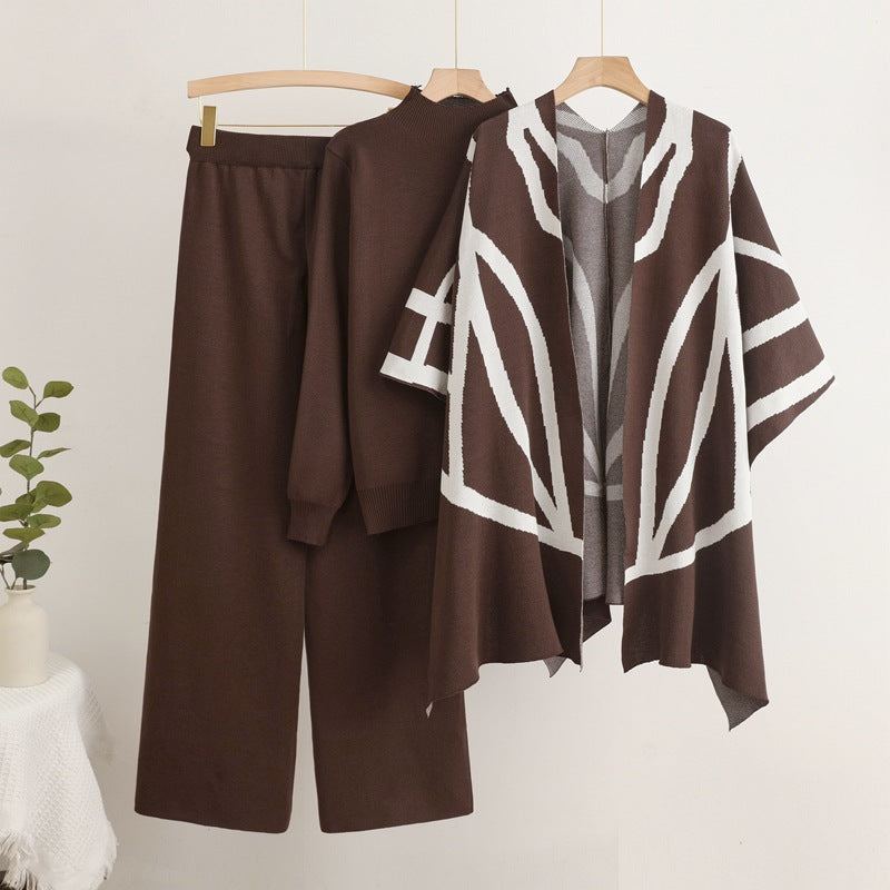 Damen trendiges Strick-Loungewear-Set mit grafischem Poncho-Design R&B