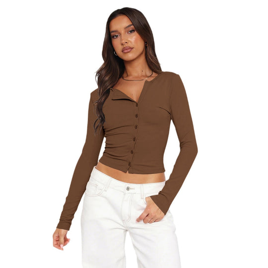 Damen figurbetontes Langarmshirt mit Knopfleiste R&B