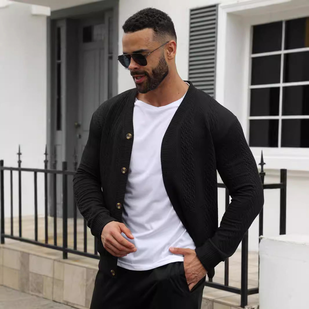 Herren nan eleganter Zopfstrickcardigan mit V-Ausschnitt Knopfleiste und aufgesetzten Taschen R&B