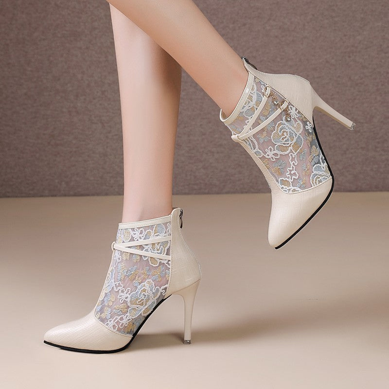 Damen Elegante High Heel Stiefeletten mit transparentem Spitzendesign R&B