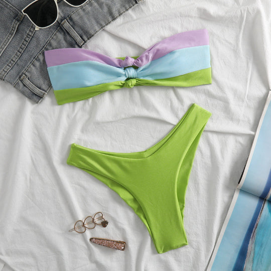 Damen Bandeau-Bikini mit modischem Knoten und hohem Beinausschnitt R&B