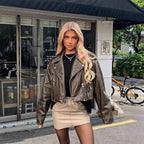 Damen cropped Kunstlederjacke mit asymmetrischem Reißverschluss und weichem Innenfutter R&B