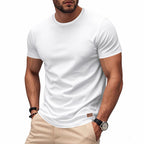 Herren nan schlankes Rundhals-T-Shirt aus glattem Stretchjersey mit dezenter Leder-Logoapplikation R&B