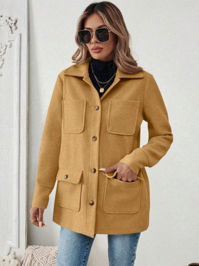 Damen Modische Utility-Jacke mit großen Taschen und goldenem Druck R&B