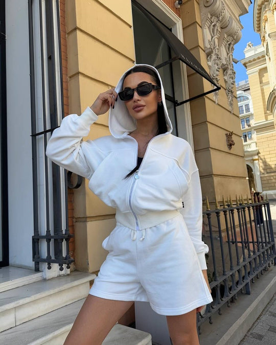Damen lässiges Cropped Hoodie- und Shorts-Set mit praktischen Kordelzügen R&B