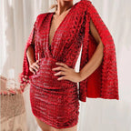 Damen Glitzerndes Cocktailkleid mit tiefem V-Ausschnitt und eleganten Trompetenärmeln R&B