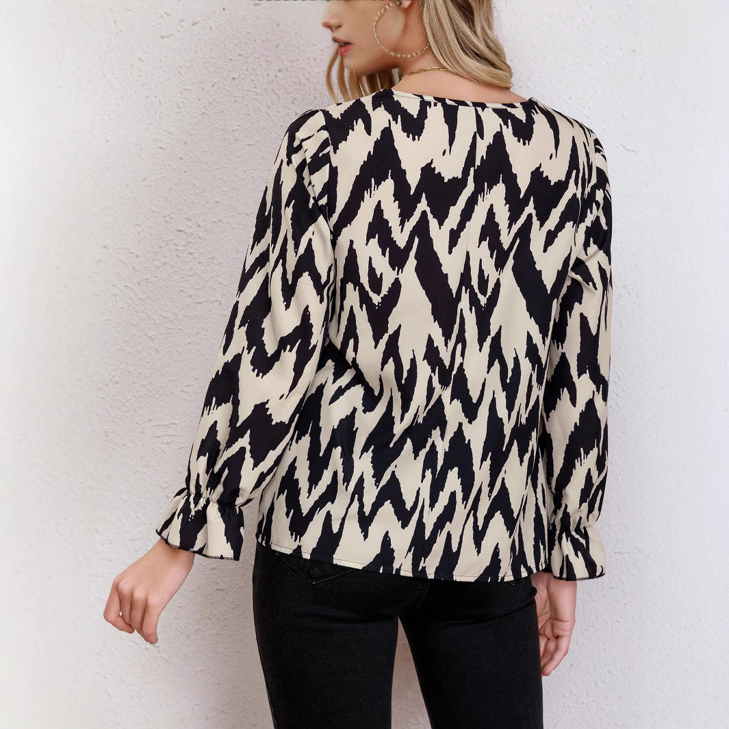 Damen Bluse mit modernem Zickzackmuster und eleganten Ballonärmeln R&B