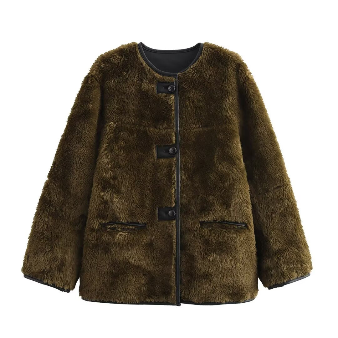 Damen Kuscheljacke mit hochwertigem Kunstfell und praktischen Taschen R&B
