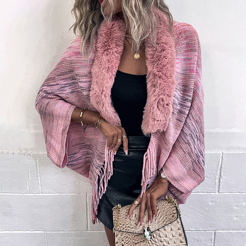 Damen eleganter Poncho mit luxuriösem Kunstfellkragen und fransigem Saum R&B