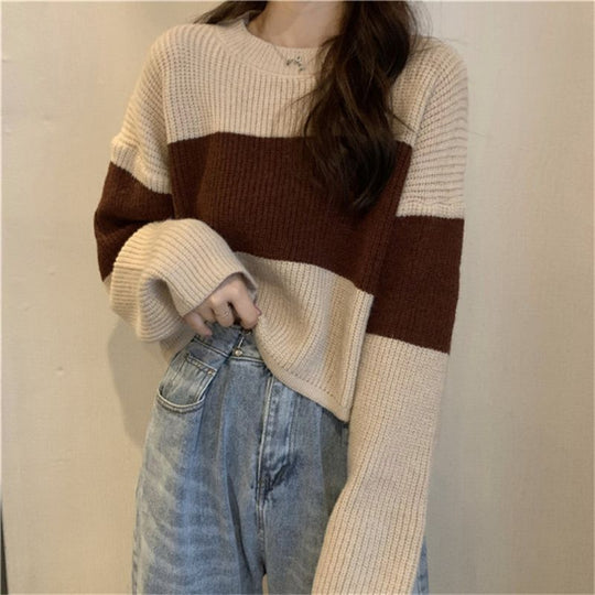 Damen Strickpullover mit weit geschnittenen Ärmeln und kontrastierendem Design R&B
