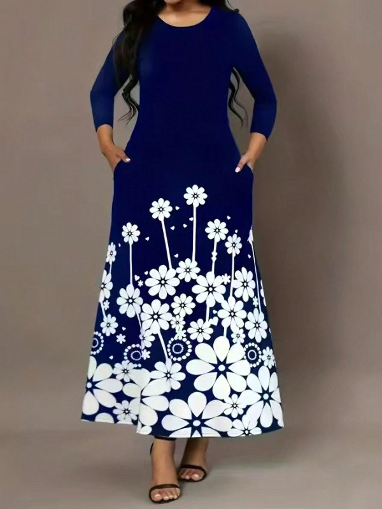 Damen Maxikleid mit floralen Mustern und praktischen Taschen