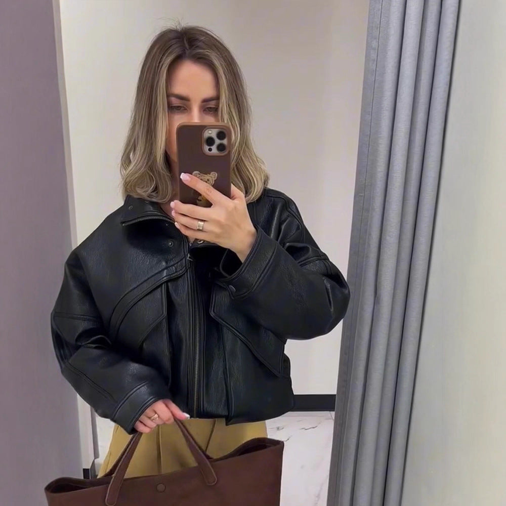 Damen Oversized Kunstlederjacke mit dekorativen Details R&B
