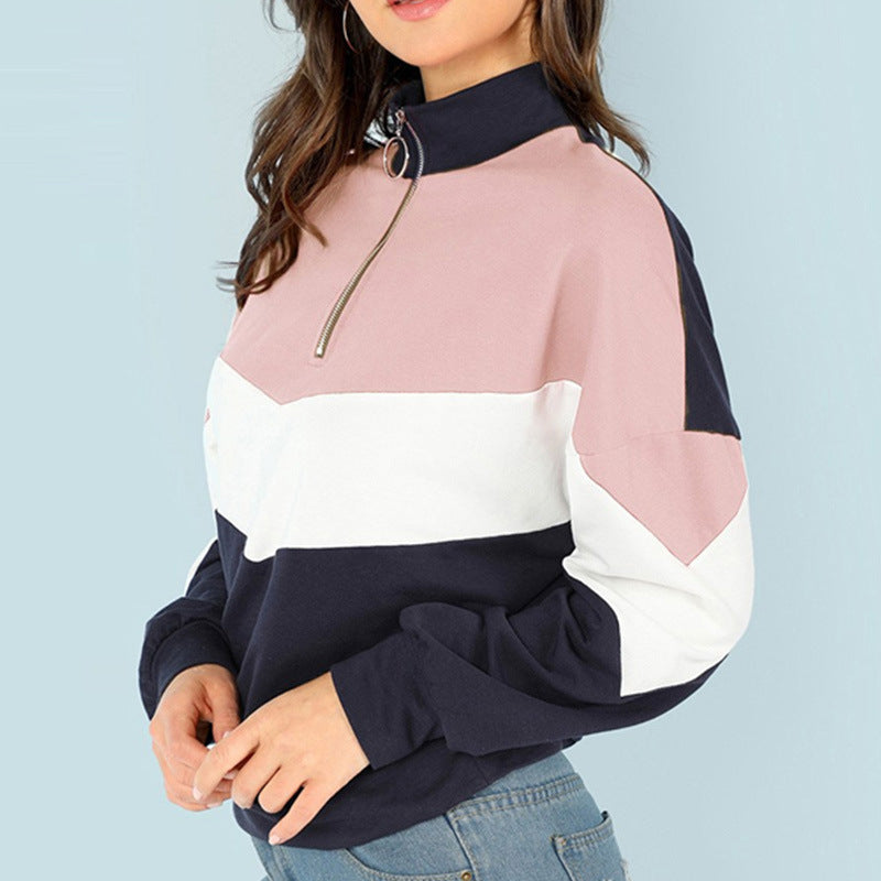 Damen sportlicher Sweatshirt mit hohem Kragen und farblich abgesetztem Design R&B