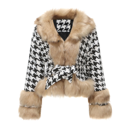 Übergangsjacke Damen elegant mit Kunstfell und Hahnentrittmuster