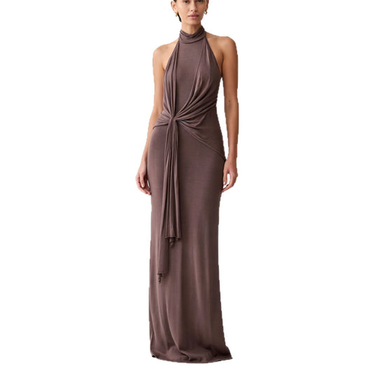 Damen Elegantes Maxikleid mit hohem Kragen und raffinierten Drapierungen R&B