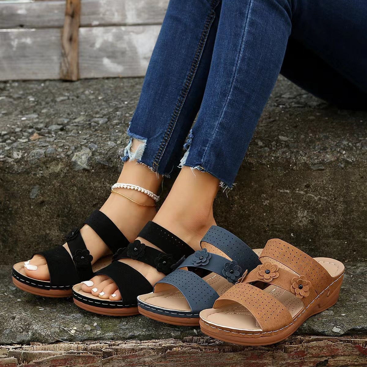 Damen komfortable Wedgesandalen mit floralem Design R&B