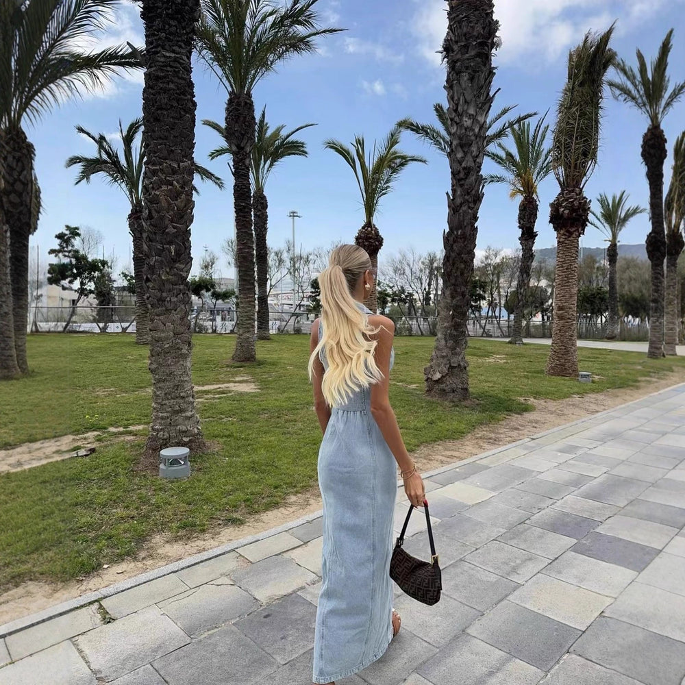 Damen Denim Maxikleid mit Knopfleiste und hohem Kragen R&B